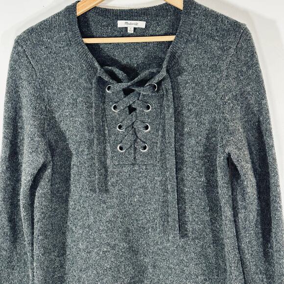 MADEWELL Lace Up Marino Wool Sweater Dress Womans Large Gray Cozy Chic - Picture 6 of 11